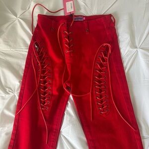 Red tie pants